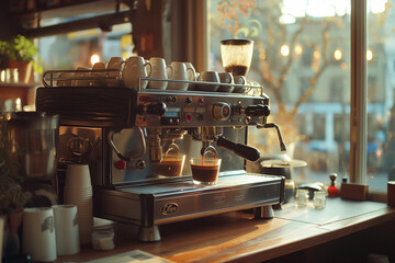 Coffee machine with warmlight in vintage cafe at morning - 754747659