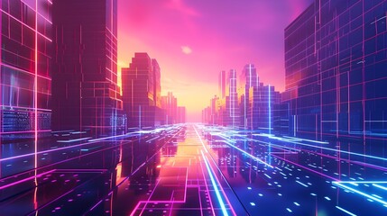 Futuristic Cityscape with Vibrant Neon Lights and Data Stream Road in Metaverse