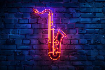 saxophone shaped neon sign on a brick wall, jazz trend