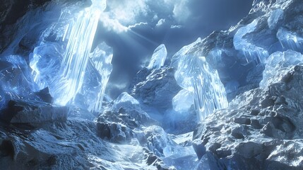 Frozen Fantasy Ice Cave with Ethereal Light Rays and Intricate Icy Formations