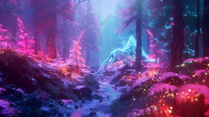 Neon Bioluminescent Forest with Fantasy Creatures