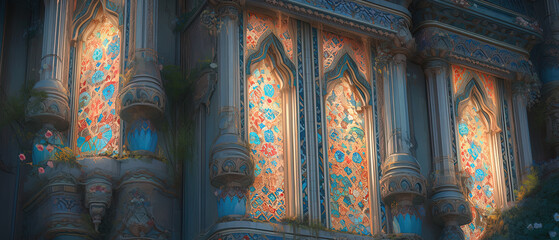 brightly colored windows of a building with ornate designs on them