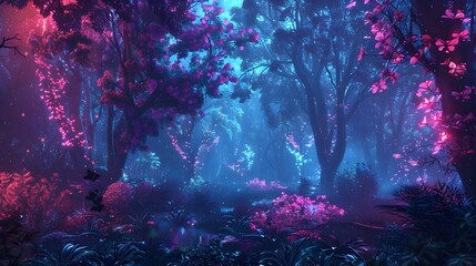 Enchanted Forest Concept Art with Neon Pink and Blue Lights in a Dreamy Fantasy Setting