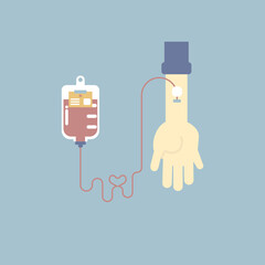 blood donation with hand and arm, saline solution drip bag, health care, world blood donor day concept, vector illustration cartoon flat character design sign logo symbol