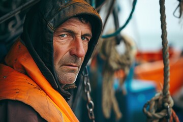 Portrait von einem Fischer auf seinem Fischkutter  - obrazy, fototapety, plakaty