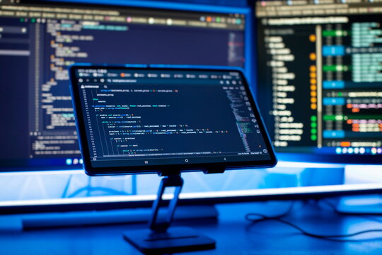 Work from home. Programmer coding code on notebook screen at home.