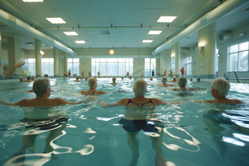 Retirees practicing water aerobics in a sparkling community pool. Generative AI - obrazy, fototapety, plakaty