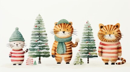Fototapeta na wymiar A charming watercolor illustration featuring a festive cat family near a Christmas tree, designed in a Scandinavian red-green boho style. Postcard-style against a white background.