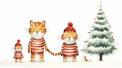 A charming watercolor illustration featuring a festive cat family near a Christmas tree, designed in a Scandinavian red-green boho style. Postcard-style against a white background.