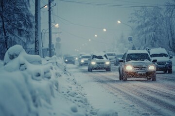 Convoy of cars, snowy road, heavy snowfall.