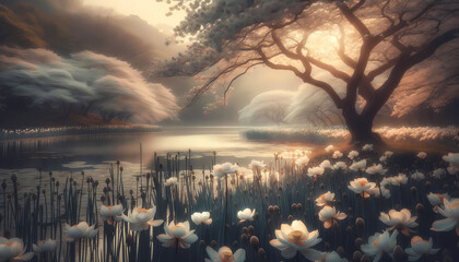 Whispering Blooms: Serene Lake Amidst Misty Spring Splendor
