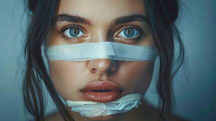 close up portrait of young attractive woman with mouth and lips sealed in adhesive tape restrained and abused censored and banned to speak and express opinion in freedom concept - obrazy, fototapety, plakaty