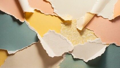 Torn grunge ripped pastel colorful paper background. Beige, ivory, yellow, peach colors ripped paper pieces collage