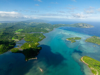 Manamoc and Cabangajan Island with turquoise sea water. Santa Fe, Tablas, Romblon. Philippines. - obrazy, fototapety, plakaty
