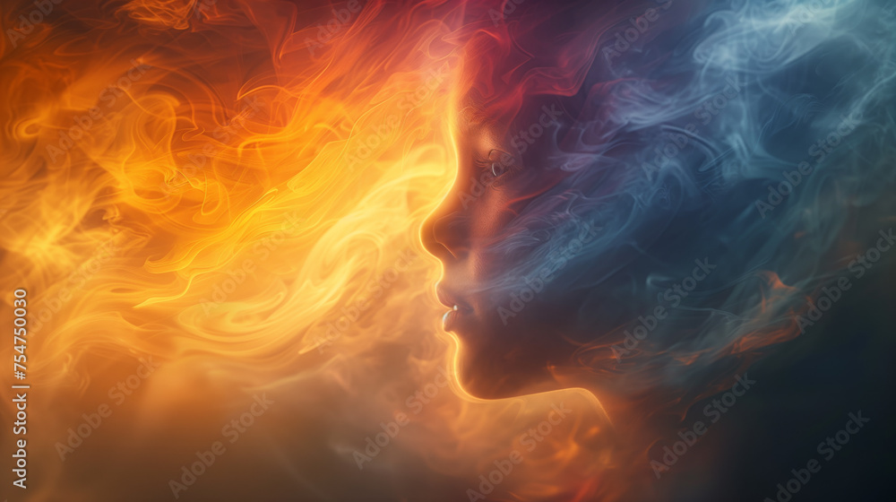 Poster abstract profile of a person with colorful smoke effect symbolizing creativity and imagination, idea