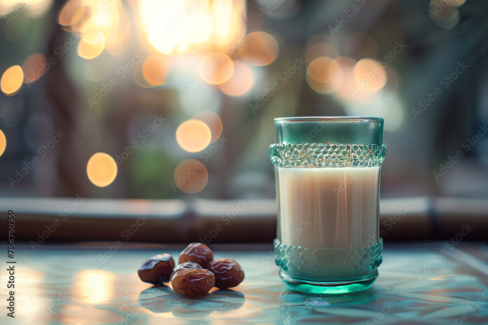 Aufkleber glass of milk and dates on a tabletop with bokeh lights in the background, suggesting ramadan iftar 