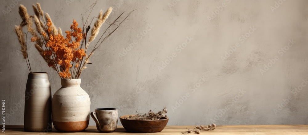 Aufkleber several vases of varying shapes and sizes are displayed on a wooden table in a textured home interio