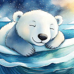 바다 위에서 편안하게 잠들어 있는 사랑스러운 아기 북극 곰 - obrazy, fototapety, plakaty