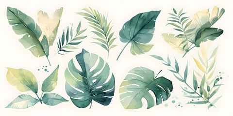 Watercolor tropical floral illustration set with green leaves, Generative AI