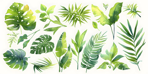 Watercolor tropical floral illustration set with green leaves, Generative AI