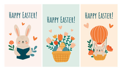 Cute Easter bunny greeting cards set with flowers, eggs, hearts. Easter holiday design. Flat hand drawn style.