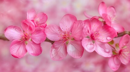 Floral background, pink flowers with dew drops on the petals