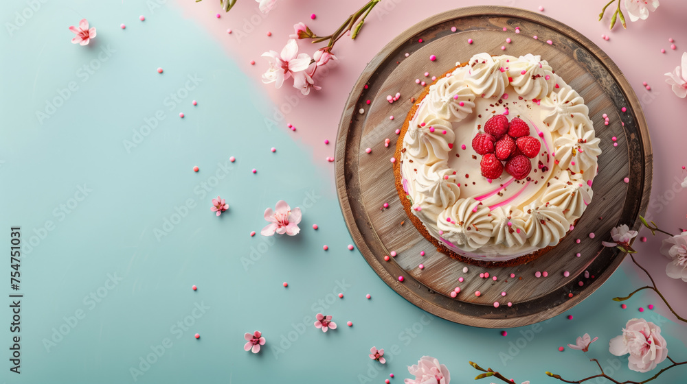 Poster spring cake with berries on pastel background with a place for text