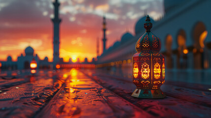 Illuminated traditional lantern on a textured surface with a mosque silhouette background, evoking...