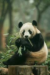 Fototapete A giant panda rests against a stump eating bamboo © Fabio