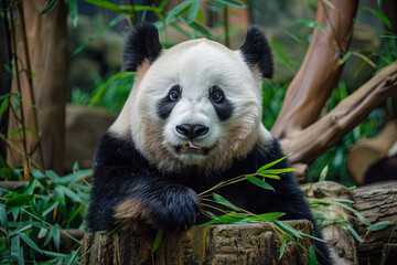 A giant panda rests against a stump eating bamboo