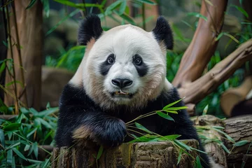 Poster A giant panda rests against a stump eating bamboo © Fabio