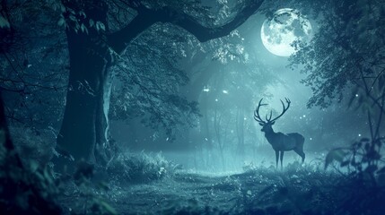 Ethereal Moonlit Forest with Enchanting Deer