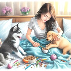girl and cat.Young woman with her cute dog training at home.Woman resting on sofa with her dog and using smartphone.
