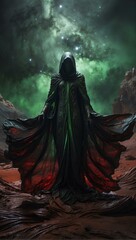 image of a man in a hooded cloak and a green cap ai generated
