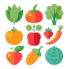Fruits and vegetables set. Vector illustration in flat cartoon style.