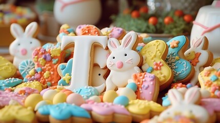 Fototapeta na wymiar Lovely rabbits and eggs, Easter Monday celebrations, holiday propaganda illustrations,AI generated.