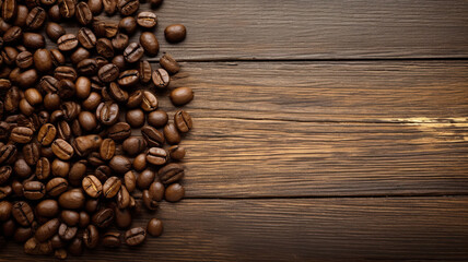 coffee beans on the left side of the wooden board banner top view, Generative AI