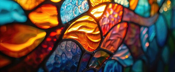 Fototapeta premium Detailed view of stained glass, highlighting the vibrant colors and intricate designs for an artistic backdrop
