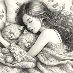 Girl and cats sleeping in the bed.beautiful teenager sleeping with her cats.