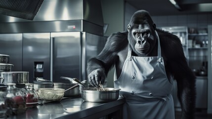 Fototapeta na wymiar Gorilla chef cooks preparing food in restaurant kitchen. Animal chef