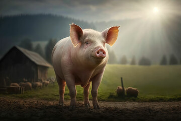 cute pig at a farm illustration, Generative AI