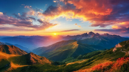 Sunset and mountains ฺbeautiful panoramic natural landscape