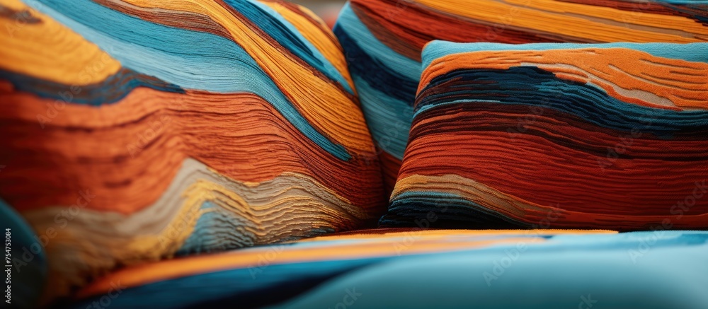 Aufkleber a detailed view of the fabric surface of a couch featuring a vibrant and colorful pattern. the intri