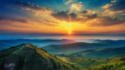 Fototapeten Sunset and mountains ฺbeautiful panoramic natural landscape © NONTANUN