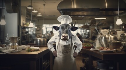 Cow chef cooks preparing food in restaurant kitchen. Animal chef