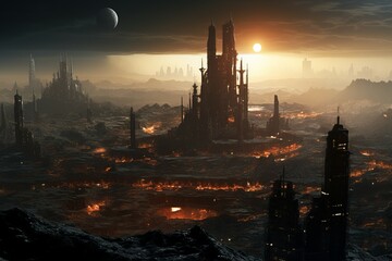Naklejka premium Extraterrestrial Megacity distant planet. Concept future. Generate Ai