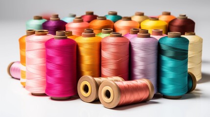  Colorful spools of thread arranged in an organized pattern on a white background