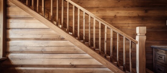 A wooden staircase and handrail inside a rustic country house. The staircase leads upwards,...