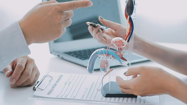 Doctors are counseling prostate cancer patients and using model of the penis to provide an example for prostate cancer patients about future symptoms and treatments. Prostate cancer treatment concepts