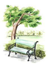 City bench under a tree in the park, Watercolor hand drawn illustration, isolated on white background